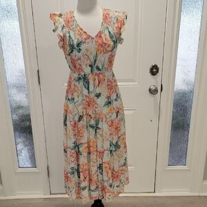 Floral Print Midi Dress with Ruffle Sleeves